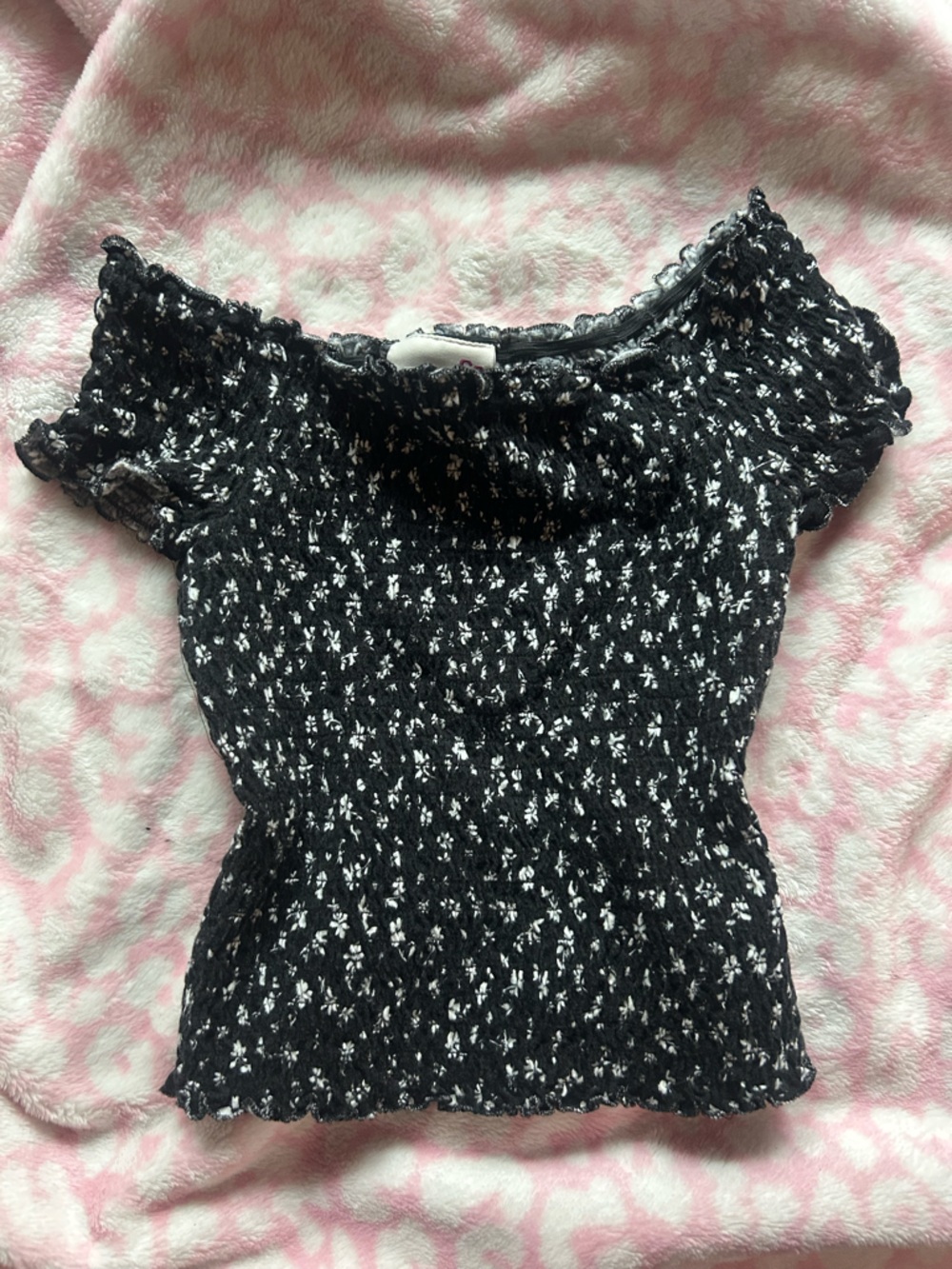 SO Black Smocked Floral Short Sleeve Top with White Accent